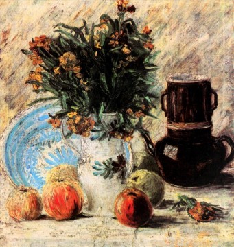 印象派の花 Painting - 花入り花瓶 コーヒーポットとフルーツ フィンセント・ファン・ゴッホ